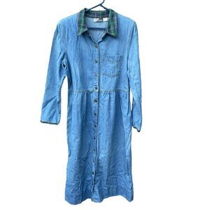 Blue Denim Midi Dress with Green Plaid Collar